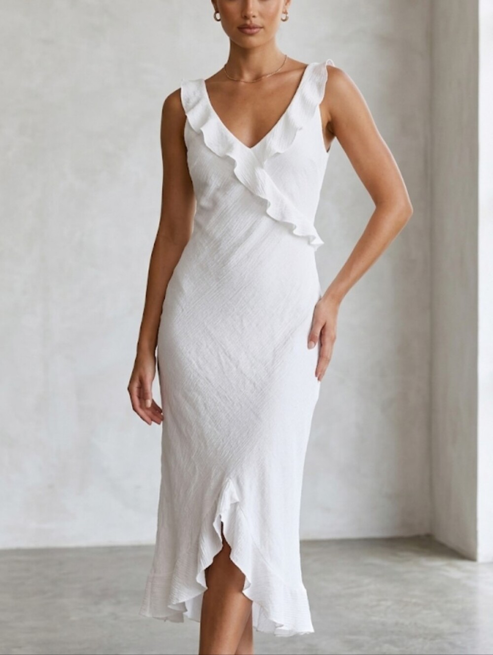 Sleeveless White Ruffle-Trim Midi Dress